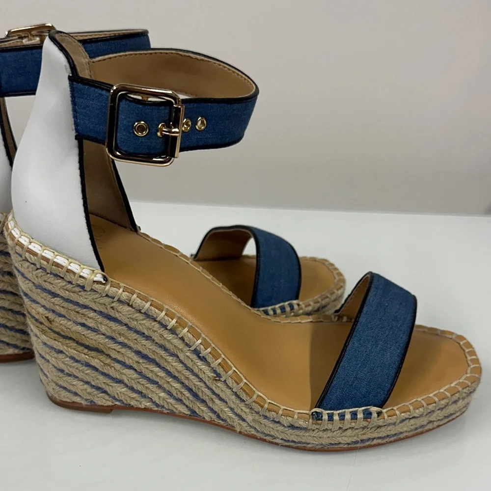 CAbi Blue Parker espadrille Denim Wedge Sandals 7